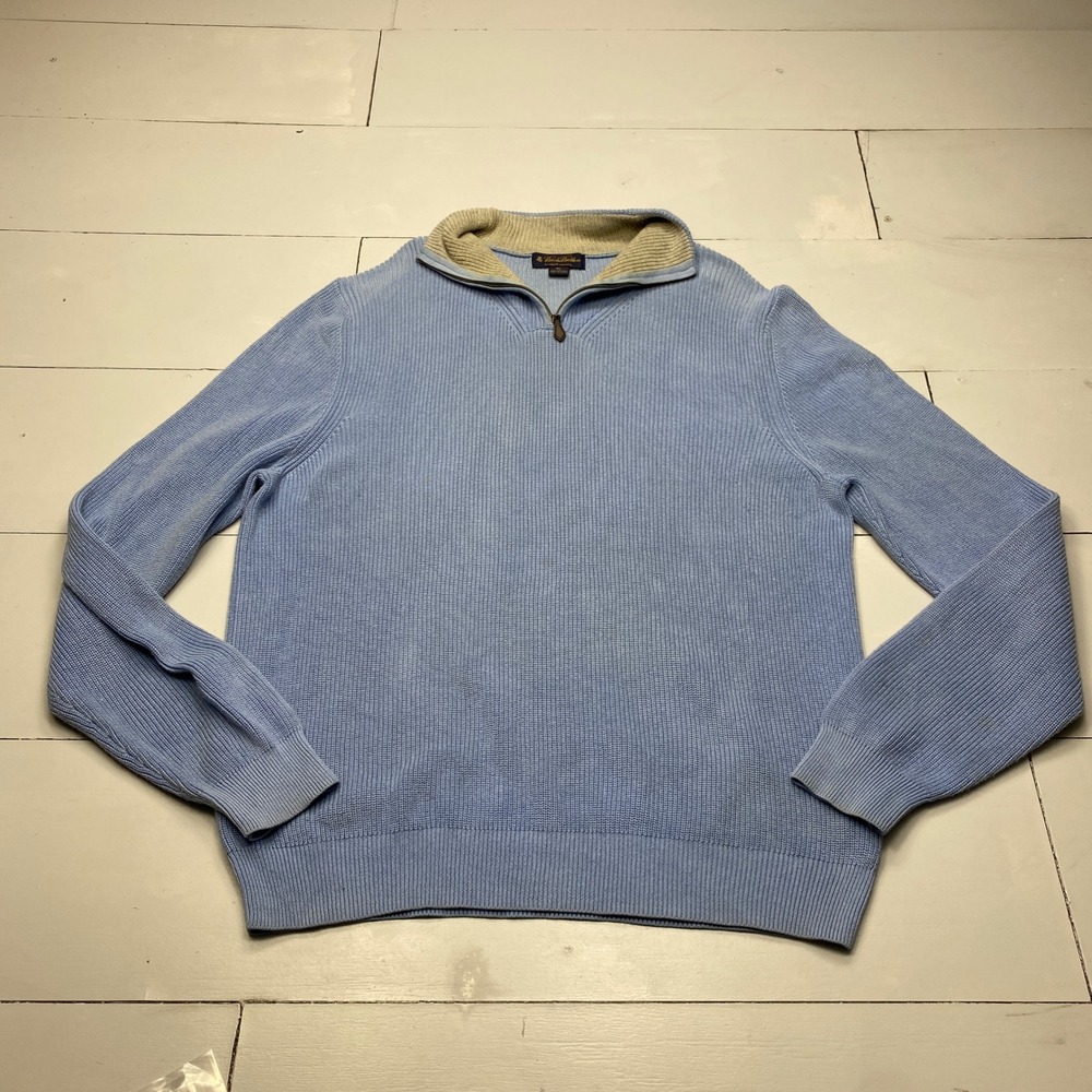 Brooks Brothers Quarter Zip Sweater Mens XL Blue Supima Cotton Ribbed Pullover